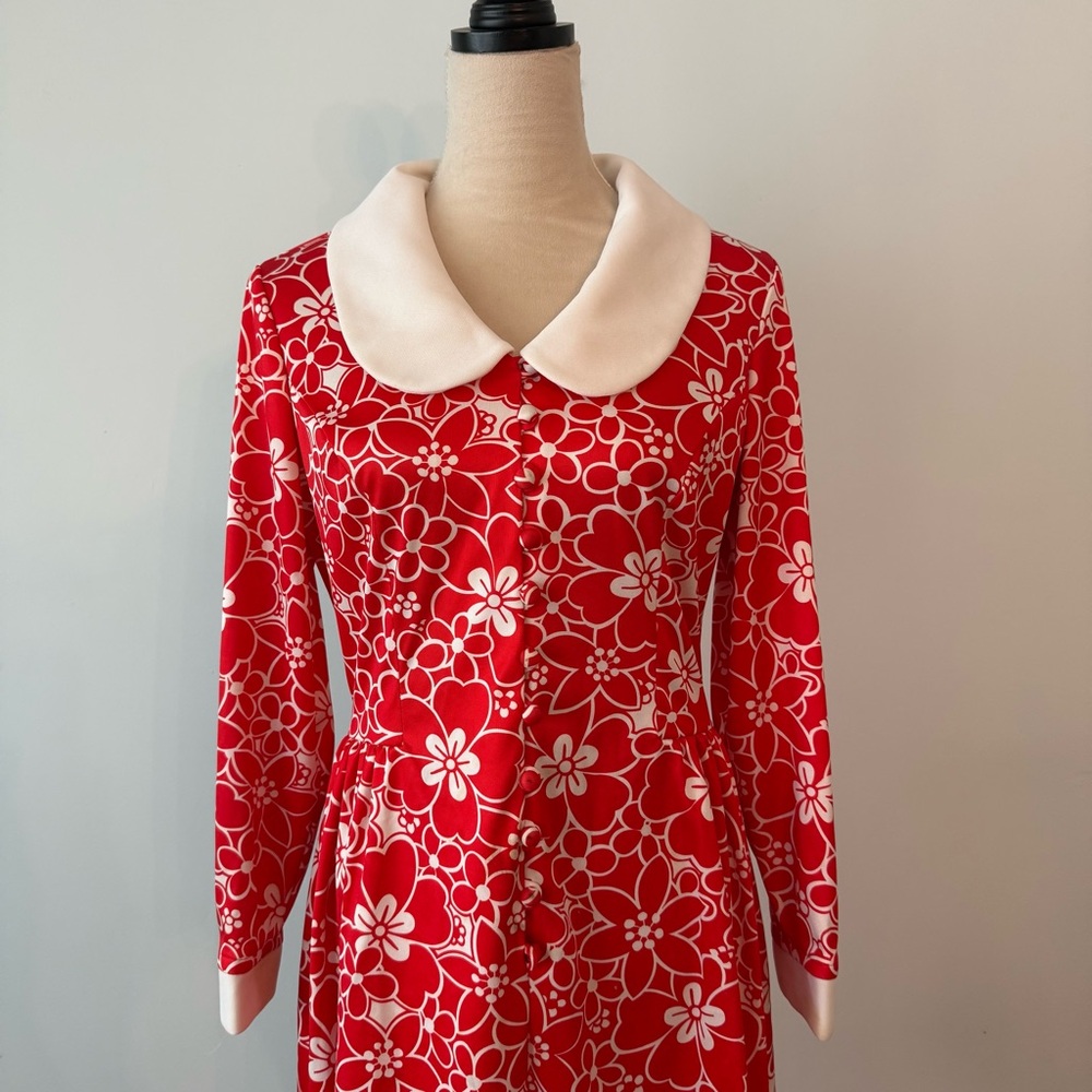 🌺 Vintage Emilio Borghese Red Floral Mod Dress Peter Pan Collar 70s Flawed Sz M - Picture 2 of 16